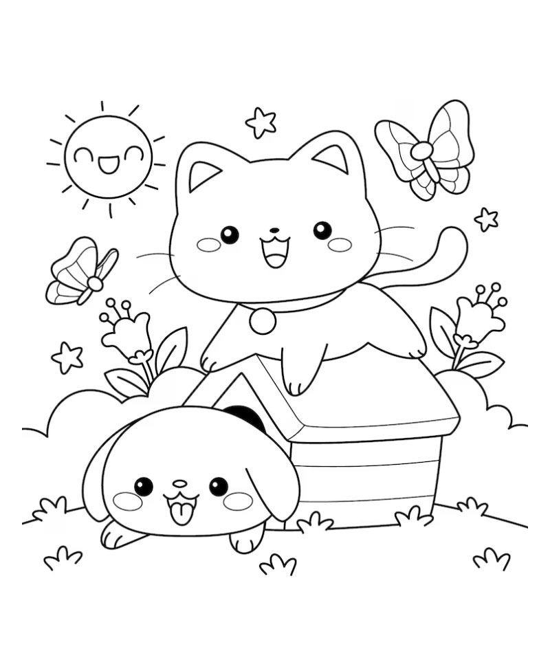 ภาพวาดระบายสีหมาและแมวที่สวนหลังบ้าน