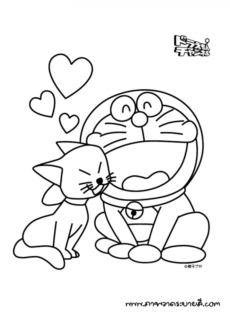 ภาพวาดระบายสีโดเรม่อน กับแมวรัก