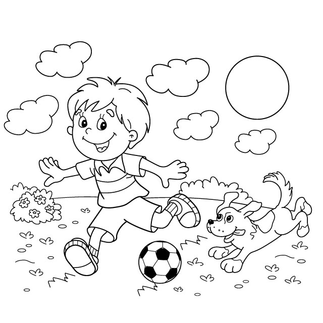 ภาพวาดระบายสีเด็กวิ่งเล่นฟุตบอลกับสุนัข