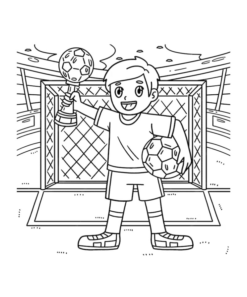 ภาพวาดระบายสีเด็กผู้ชายชูถ้วยรางวัลและลูกฟุตบอล