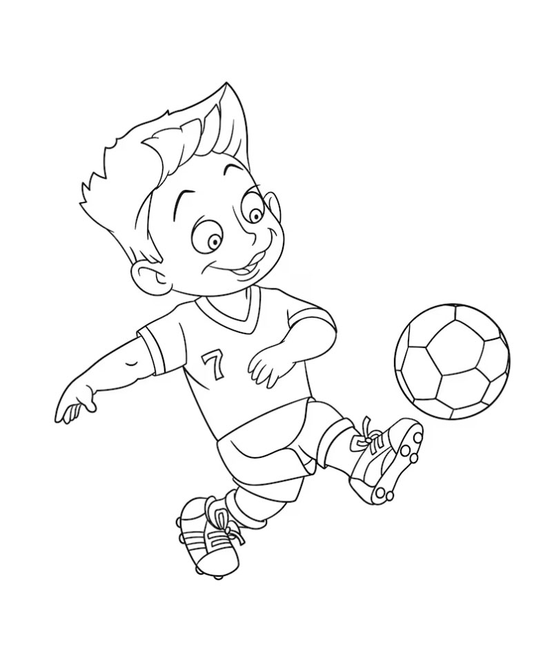 ภาพวาดระบายสีเด็กผู้ชายวิ่งเตะฟุตบอล