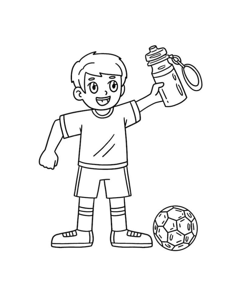 ภาพวาดระบายสีเด็กผู้ชายเล่นฟุตบอลและขวดน้ำดื่ม